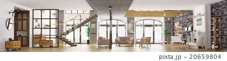 Panorama loft apartment interior, living room 3d 20659804