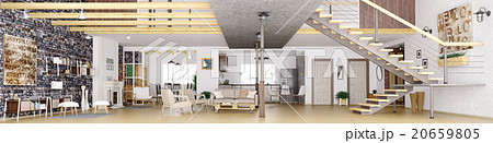 Panorama of loft apartment interior 3d rendering Panorama of loft apartment interior 3d rendering 20659805