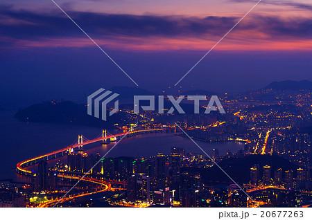 Gwangan Bridge and Haeundae at sunset in Busan. Gwangan Bridge and Haeundae at sunset in Busan. 20677263