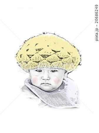 赤ちゃんががキノコのような帽子をかぶったイラストのイラスト素材