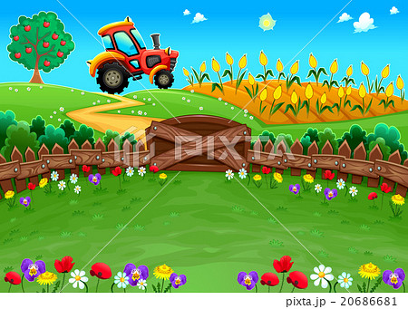Funny landscape with tractor and cornfield. 20686681