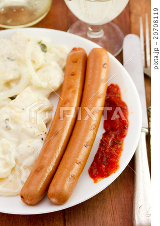 grilled sausages with sauce and salad grilled sausages with sauce and salad 20708119