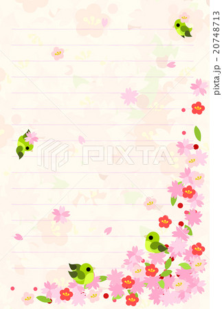 春をイメージした 桃色の花と小鳥のポストカードです のイラスト素材