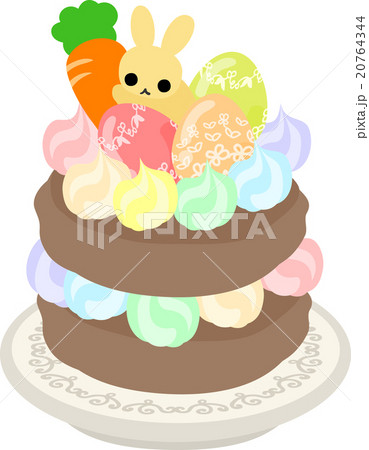 イースターエッグとうさぎを飾ったカラフルなケーキのイラスト素材