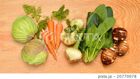 野菜食材イメージ。キャベツ、ニンジン、新たまねぎ、ホウレン草、海老芋。 20770078