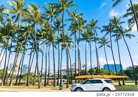 【ハワイ】ホノルル・ヤシの木とボートを積んだ車 20772916