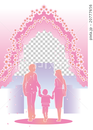 入学式に向かう親子と桜並木 はがきテンプレート 縦書き 桃色背景 のイラスト素材