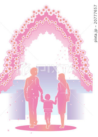 入学式に向かう親子と桜並木 はがきテンプレート 縦書き 白背景 のイラスト素材
