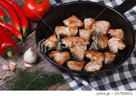 Pieces of grilled meat in a pan view from above. 20780601