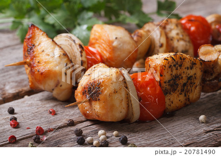 delicious chicken barbecue on wooden skewers 20781490