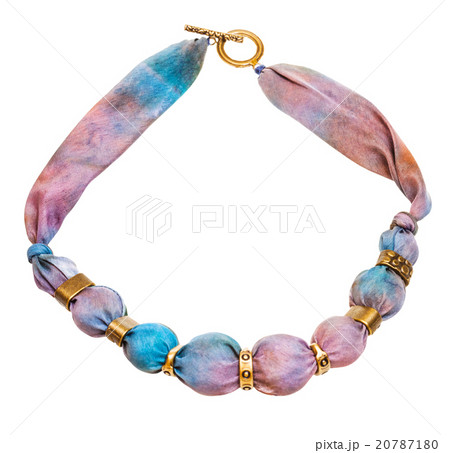 necklace from pink silk and bronze beads isolated 20787180