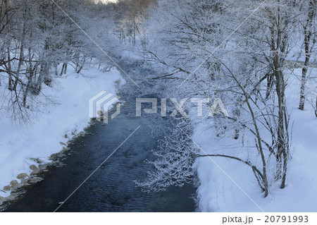 霧氷と川の流れ　北海道十勝　更別村　猿別川の厳寒風景 20791993