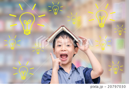 Young student thinking with light bulbs in library 20797030