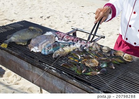grilling seafood assortment of fish, shells of mol grilling seafood assortment of fish, shells of mol 20798288