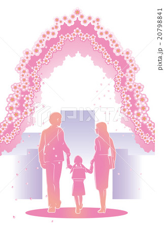 入学式に向かう親子 娘と両親 と桜並木 はがきテンプレート 縦書き 白背景 のイラスト素材 7941
