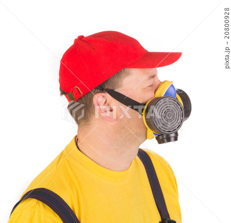Worker in hat with respirator. Worker in hat with respirator. 20800928