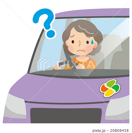 不安そうに運転をする高齢者 女性のイラスト素材