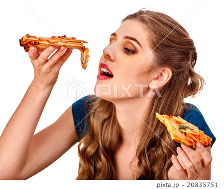 Young beautiful woman eating  big pizza. 20835751