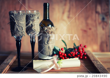 tone wine glasses invitation wooden background 20843490