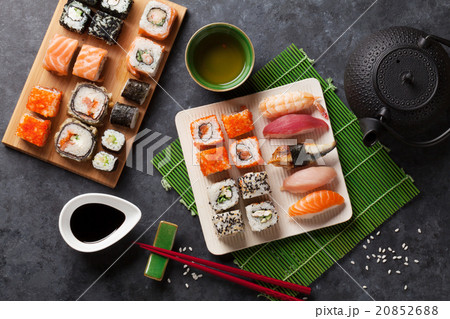 Set of sushi and maki roll and green tea 20852688