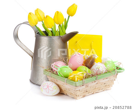 Easter with colorful eggs and yellow tulips Easter with colorful eggs and yellow tulips 20852788