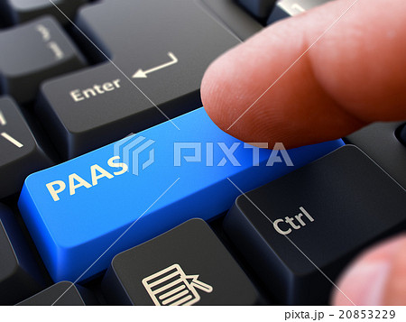 Pressing Blue Button PAAS on Black Keyboard. 20853229