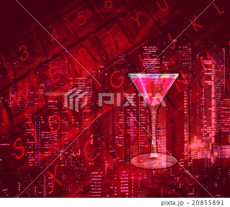 都会の夜景とキーボードとカクテルグラス 20855891