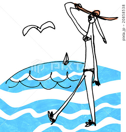 夏の海でバカンスを楽しむ女の子のイラスト素材