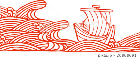切り絵 海と宝船のイラスト素材