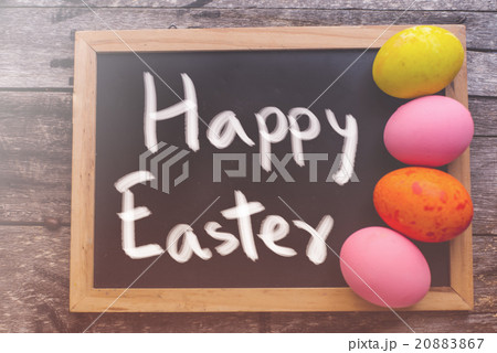 easter eggs with happy easter word for postcard 20883867