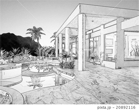 Black And White Drawing Of A Building 20892116