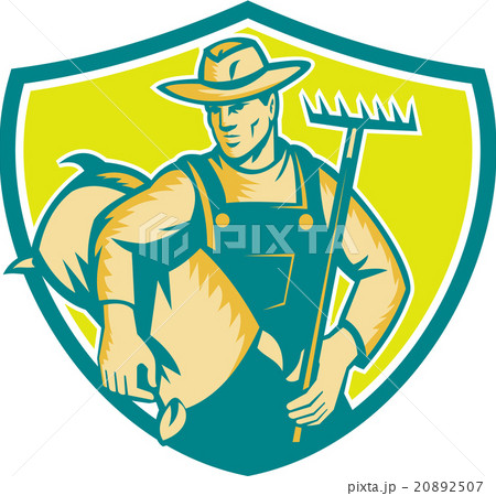 Organic Farmer Rake Sack Shield Woodcut 20892507