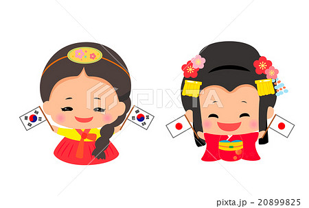 国旗を持った韓国人と日本人の女の子のイラスト素材 95