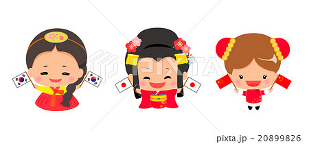 国旗を持った韓国と日本と中国の女の子セットのイラスト素材 96