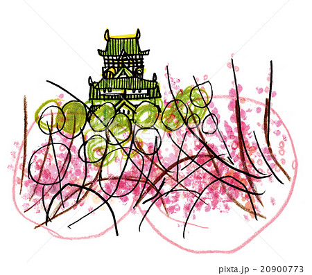 日本の城と春の花のイラスト素材