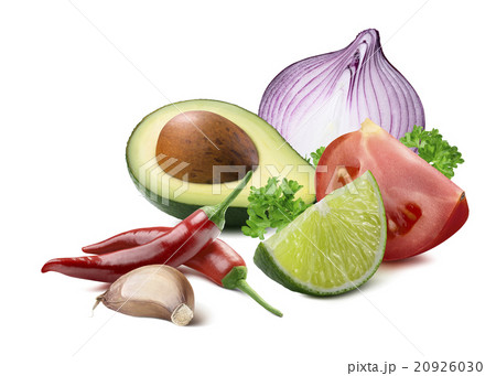 Guacamole avocado onion tomato ingredient isolated Guacamole avocado onion tomato ingredient isolated 20926030