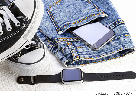 jeans and fashion accessories on white wooden jeans and fashion accessories on white wooden 20927977