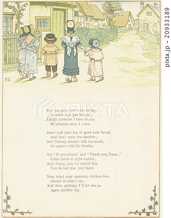 アンティークイラスト　ケイト・グリーナウェイ(1846-1901)「窓の下で」19世紀後期 20933189