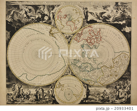 アンティークイラスト 古地図 18世紀頃の北極 南極地図 のイラスト素材