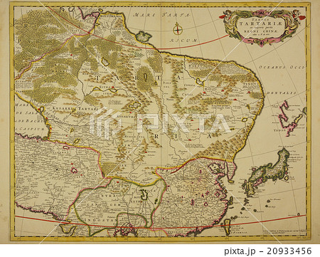 アンティークイラスト 古地図「17世紀頃の中国・モンゴル・日本地図