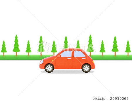 赤い車と街路樹のイラスト素材
