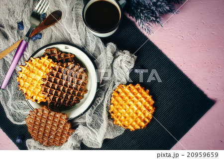Waffles with Chocolate Icing with Coffee Waffles with Chocolate Icing with Coffee 20959659