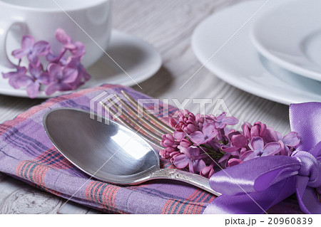 table setting for breakfast, with flowers lilacs table setting for breakfast, with flowers lilacs 20960839