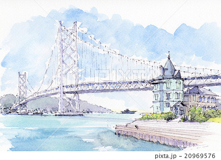 舞子公園移情閣と明石海峡大橋のイラスト素材