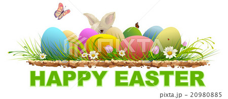 Happy easter. Painted eggs and rabbit on green Happy easter. Painted eggs and rabbit on green 20980885