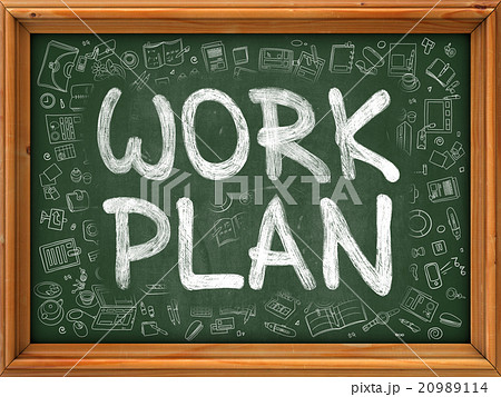 Work Plan Concept. Doodle Icons on Chalkboard. Work Plan Concept. Doodle Icons on Chalkboard. 20989114