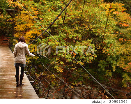 紅葉と女性の後ろ姿の写真素材