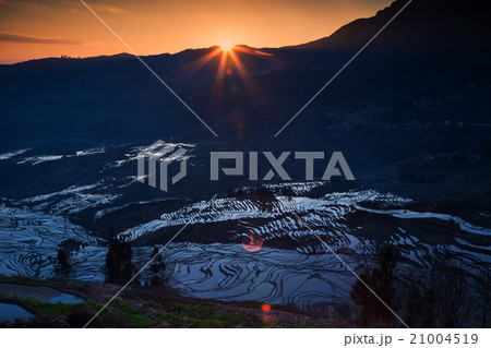 Rice terrace with sunrise in China Rice terrace with sunrise in China 21004519