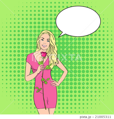 Woman Hold Rose Flower Chat Bubble 8 March Pop Art 21005311