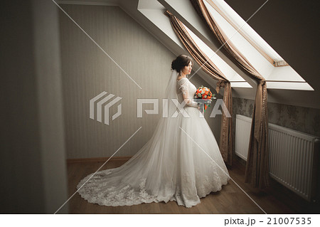 Luxury bride in white dress posing while preparing 21007535